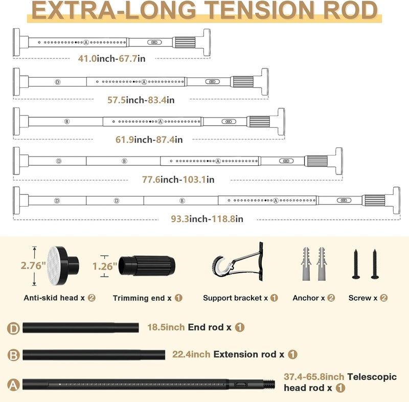 ZipGlo Black Tension Curtain Rod 41-118In(4-9Ft), Outdoor Curtain Rod No Drilling for Window or Bathroom Patio, Adjustable Spring Shower Rod,Rod Diameter 1.26In-One-bond stretching - Image 2